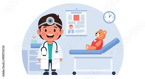 Cute child dressed as professional doctor in medical uniform with stethoscope standing inside modern pediatric clinic. Kids career dream concept with healthcare profession roleplay vector