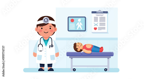 Cute child dressed as professional doctor in medical uniform with stethoscope standing inside modern pediatric clinic. Kids career dream concept with healthcare profession roleplay vector