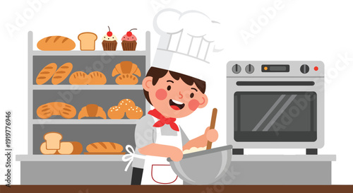 Happy child wearing chef uniform and hat preparing food in modern kitchen bakery. Kids professional cooking career dream and culinary education concept for future occupation illustration.