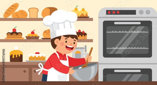 Happy child wearing chef uniform and hat preparing food in modern kitchen bakery. Kids professional cooking career dream and culinary education concept for future occupation illustration.