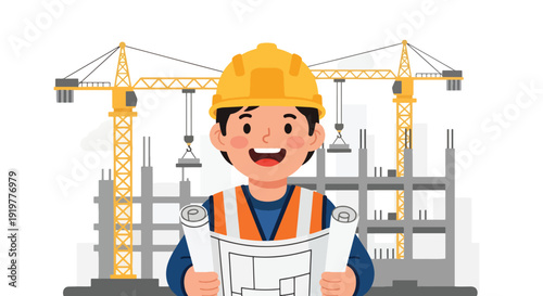 Young child dressed as construction engineer wearing helmet and safety vest holding blueprint at building site. Kids future engineering and construction profession dream concept illustration.
