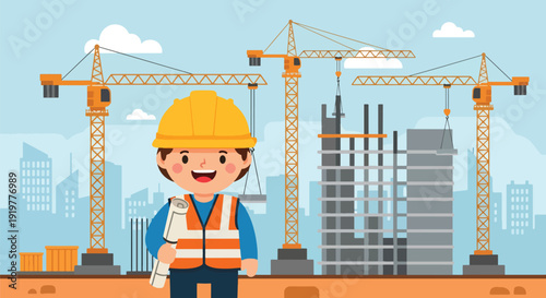 Young child dressed as construction engineer wearing helmet and safety vest holding blueprint at building site. Kids future engineering and construction profession dream concept illustration.