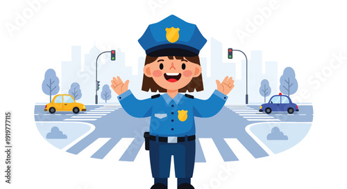 Young child dressed as police officer directing traffic in city street scene. Kids future law enforcement and public safety profession dream educational concept illustration