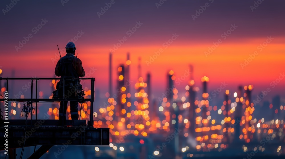 Obraz premium Industrial Worker at Sunset with Blurred Refinery Lights, Industry