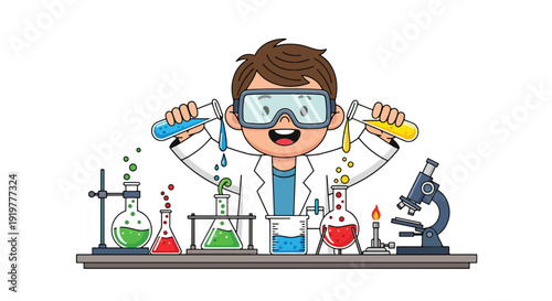 Young child wearing lab coat and goggles experimenting with laboratory tools and test tubes. Kids future science and research profession dream educational STEM career illustration