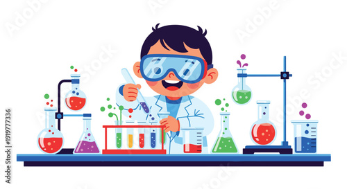 Young child wearing lab coat and goggles experimenting with laboratory tools and test tubes. Kids future science and research profession dream educational STEM career illustration