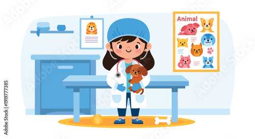Cute child dressed as veterinarian holding puppy inside animal clinic. Kids dreaming of caring animal healthcare profession and pet doctor career future aspiration illustration