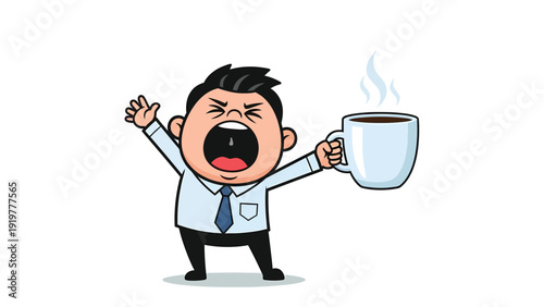 Sleepy cartoon businessman yawning, reaching for hot coffee cup. Morning fatigue and caffeine boost concept. Vector illustration.
