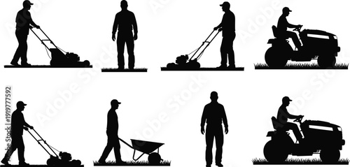 Set of black silhouettes showing gardening activities, including man pushing a lawnmower, operating a riding tractor, and pushing a wheelbarrow on white background.