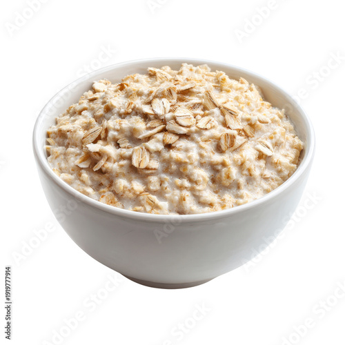 White bowl filled with creamy oatmeal topped with rolled oats against a black background porridge breakfast, Isolated On White, Png Transparent, Cut Out