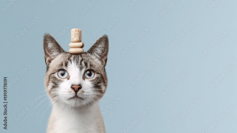 Obraz premium Cat with a toy on its head centering its strategic plan in a playful and charming manner captured in a fun composition