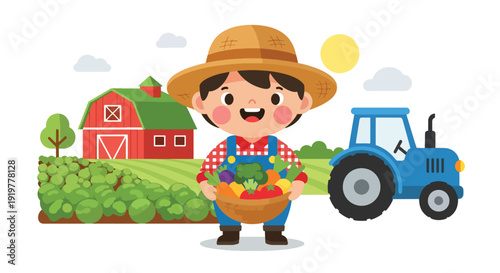 Adorable child dressed as farmer holding vegetables in countryside farm with barn and tractor. Kids dreaming about agriculture profession and farming career future aspiration illustration