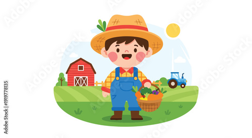 Adorable child dressed as farmer holding vegetables in countryside farm with barn and tractor. Kids dreaming about agriculture profession and farming career future aspiration illustration