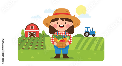 Adorable child dressed as farmer holding vegetables in countryside farm with barn and tractor. Kids dreaming about agriculture profession and farming career future aspiration illustration
