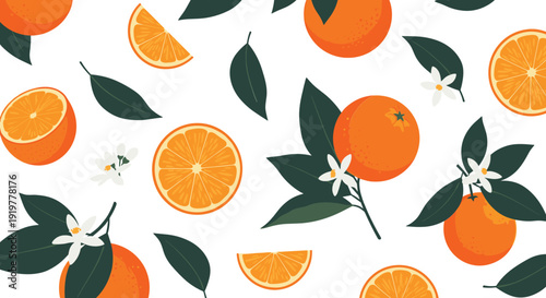 Seamless orange citrus pattern vector with sliced fruits, green leaves, and white blossoms for packaging and background design