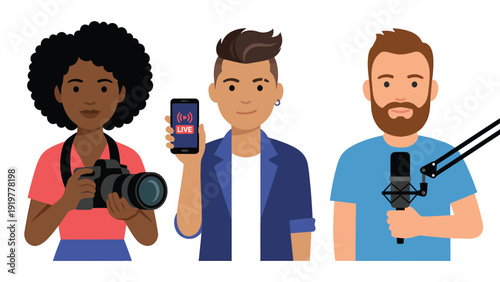 Diverse Digital Content Creators: Photographer, Live Streamer, Podcaster