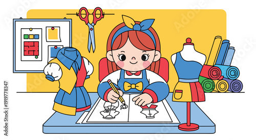 Young child dressed as fashion designer sketching clothes near mannequin and fabric rolls in studio. Kids dreaming about creative fashion industry profession and design career aspiration