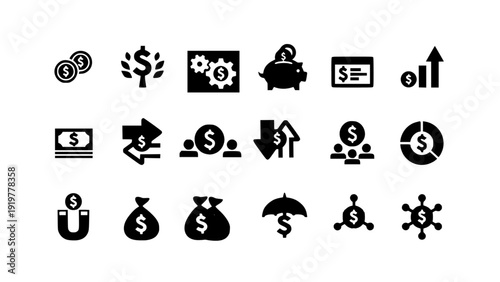 Comprehensive money and currency exchange icon collection in solid black style. Includes cash flow, banking, investment, security, payment systems, savings, and global finance concepts.
