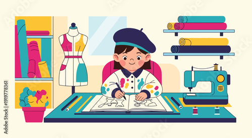 Young child dressed as fashion designer sketching clothes near mannequin and fabric rolls in studio. Kids dreaming about creative fashion industry profession and design career aspiration
