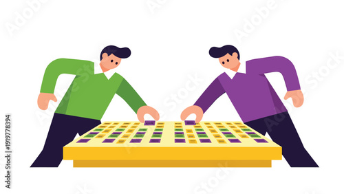 Two players engaged in strategic board game. Flat vector illustration of competition and leisure.
