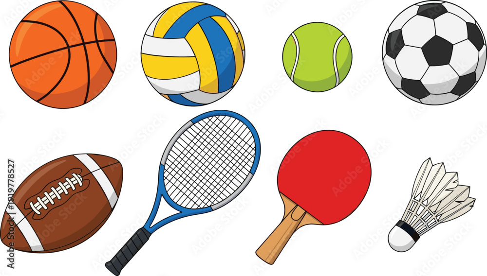 Αυτοκόλλητο Sports equipment vector set with basketball, soccer ball, volleyball, tennis rac