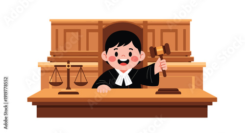 Young child dressed as judge wearing robe holding gavel in courtroom. Kids dreaming about justice system profession and law career future aspiration educational concept illustration
