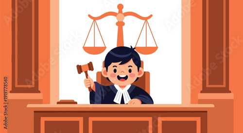 Young child dressed as judge wearing robe holding gavel in courtroom. Kids dreaming about justice system profession and law career future aspiration educational concept illustration