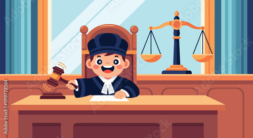 Young child dressed as judge wearing robe holding gavel in courtroom. Kids dreaming about justice system profession and law career future aspiration educational concept illustration