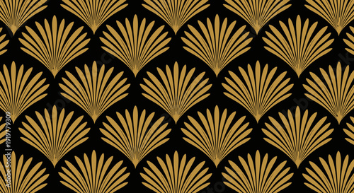 Elegant Art Deco seamless pattern featuring golden fan motifs on a black background, creating a luxurious and classic design.
