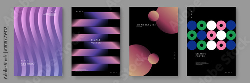 A premium collection of four modern posters with layered purple waves neon bars floating spheres and colorful circle grids
