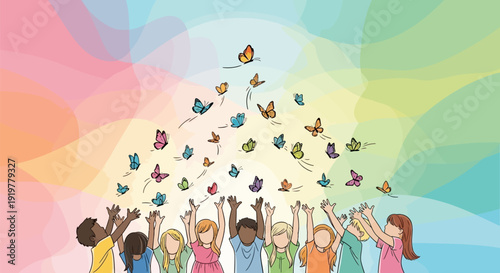Diverse group of people releasing colorful butterflies.