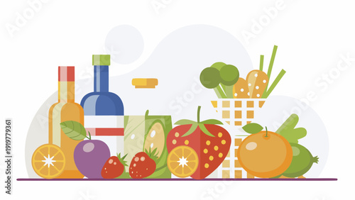 A colorful still life illustration of fruits vegetables and bottles