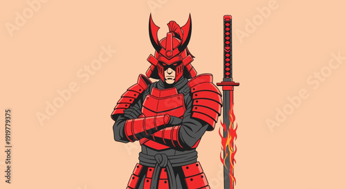 Illustration of a formidable samurai warrior in striking red armor, standing proudly with a flaming katana sword against a simple background.