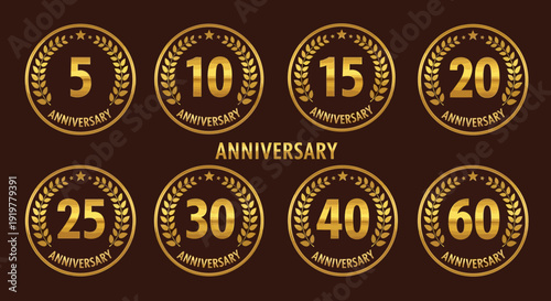 Photos Set of golden anniversary badges with laurel wreaths for various milestone celebrations, including 5, 10, 15, 20, 25, 30, 40, and 60 years