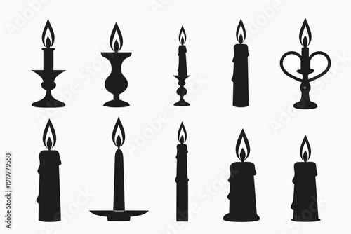 Black silhouettes of various burning candles arranged in two rows
