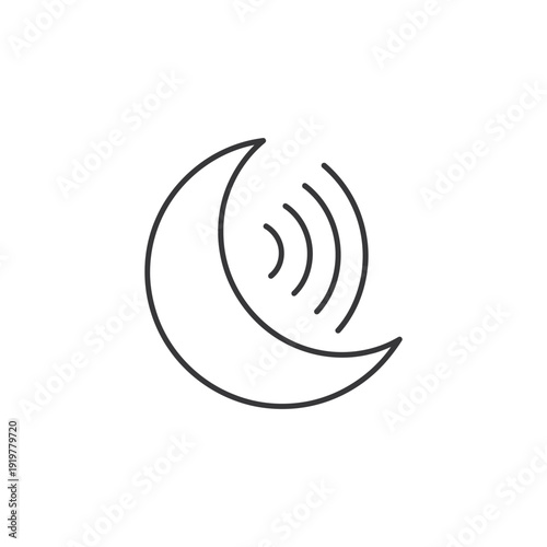 A minimalist black line drawing depicts a crescent moon with radiating arcs symbolizing night dreams or celestial phenomena high quality professional