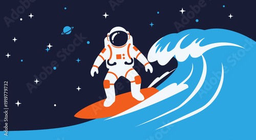An astronaut in a white spacesuit surfing on a large blue wave in the dark starry expanse of outer space with a distant ringed planet.