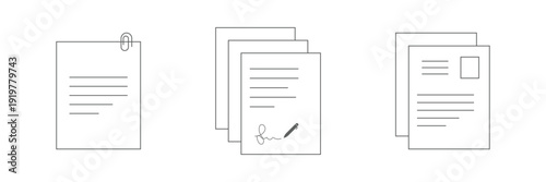 Minimal Black Document File Icon Set, Contract and Paper Stack Vector. Monochrome Office Document Icons Collection. Office document icon set in line style. download, print office simple black symbol