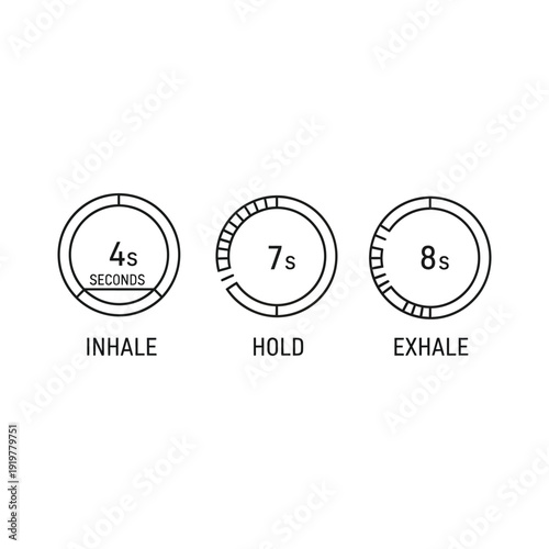 Simple graphic illustration depicts breathing exercise timings 4 seconds inhale 7 seconds hold with textual instructions high quality professional detailed modern
