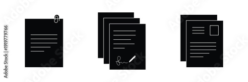 Minimal Black Document File Icon Set, Contract and Paper Stack Vector. Monochrome Office Document Icons Collection. Office document icon set in line style. download, print office simple black symbol