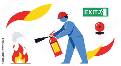 Flat illustration of a worker using a fire extinguisher on flames with an exit sign and alarm in the background.