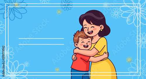 A cartoon illustration of a mother and son.