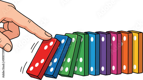 Cartoon hand starting a chain reaction by pushing a row of vibrant colorful dominoes.