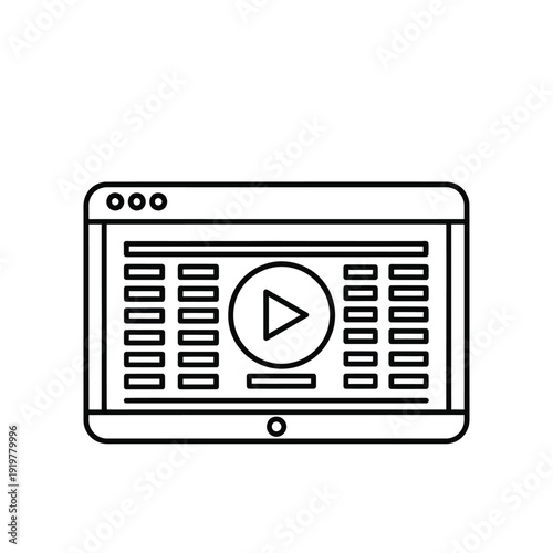 A line art illustration depicts a mobile device displaying a video player interface with controls and playback options high quality professional