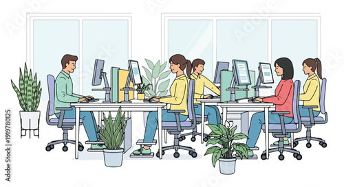 Illustration of a diverse team of four people working at a long office desk with computers and plants in a modern office setting with a clean and productive mood.
