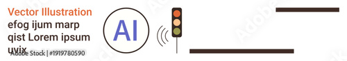 Technology, automation, AI communication, machine learning, road safety, digital systems. A traffic light with wireless signal waves next to the acronym AI. AI communication and automation concept
