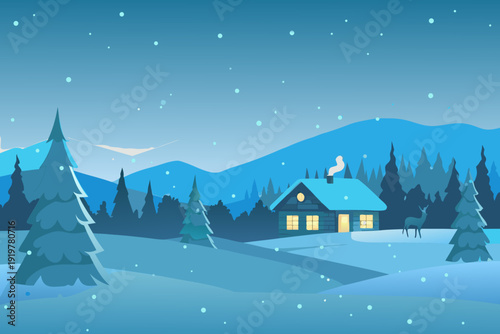 Snowy winter landscape featuring a cabin mountains and a deer