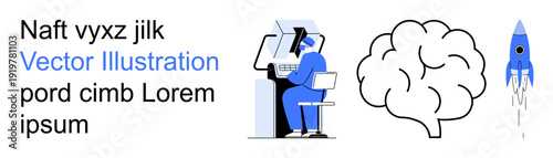 Science, technology, innovation, creativity, research, and exploration. A scientist working on a computer, a brain and a rocket launching. Innovation and creativity highlighted in science