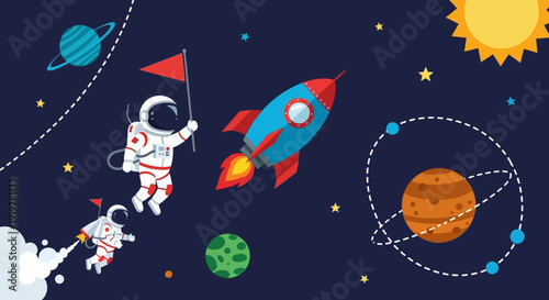 Cartoon illustration of astronauts exploring space with a rocket, planets, and stars in a vibrant cosmic scene.