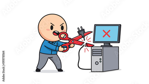 Humorous Cartoon Character Shooting a Laser at a Computer for Creative Design or Digital Art